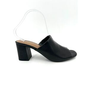 AEROSOLES Erie Black Leather Chunky Block Heel Slip On Open Toe Mule Sandals 8.5